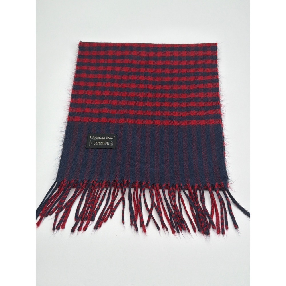 Christian‎ Dior Scarf Mens Red Navy Blue Checkered Cashmaire Acrylic Japan